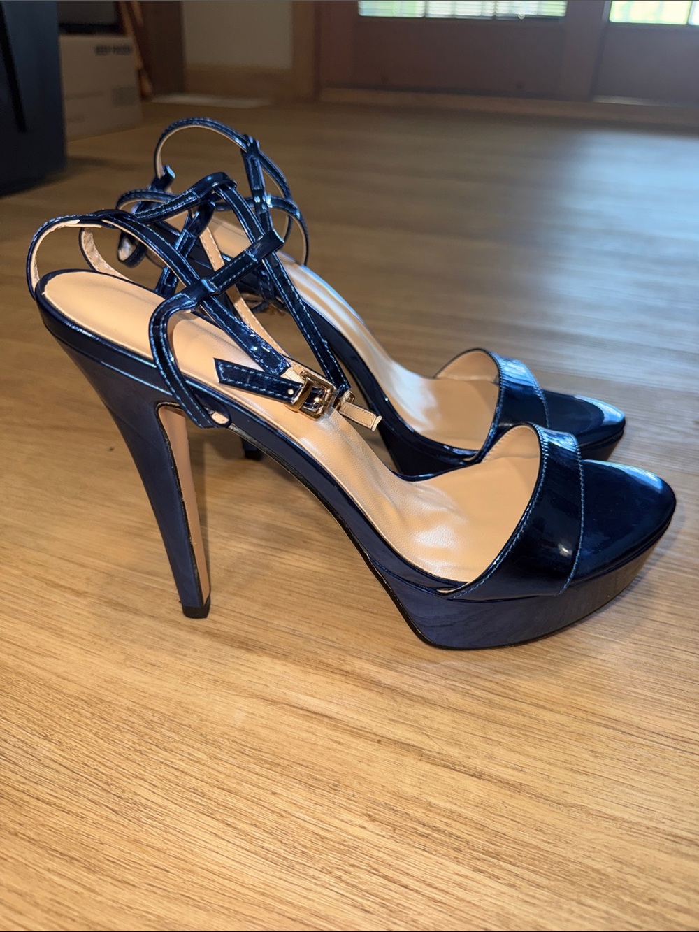 Women's Navy metallic Patent High Heel Platform Sandals